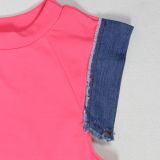 Women Denim Patchwork Short-Sleeve Top and Shorts Two-Piece Set