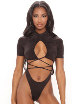 Women Summer Sexy Solid Lace-Up Short-Sleeve Bodysuit Women Summer Sexy Solid Lace-Up Short-Sleeve Bodysuit