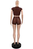 Women's Solid Short Sleeve Hollow Out Slim Fit Mesh Two-Piece Shorts Set