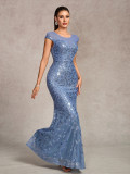 Women Mesh Embroidered Sequin Short-Sleeve Round Neck V-Back Elegant Formal Party Mermaid Evening Dress