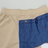Women Denim Patchwork Short-Sleeve Top and Shorts Two-Piece Set