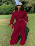 Women's Sexy Casual Solid Round Neck Lace-Up Sleeve Two-Piece Pants Set