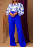 Plus Size Women Printed Lace-Up Top and Wide-Leg Pants Two-Piece Set