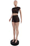 Women's Solid Short Sleeve Hollow Out Slim Fit Mesh Two-Piece Shorts Set