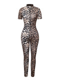Women's Summer Leopard Print Slim Fit Stand Collar Jumpsuit