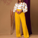 Plus Size Women Printed Lace-Up Top and Wide-Leg Pants Two-Piece Set