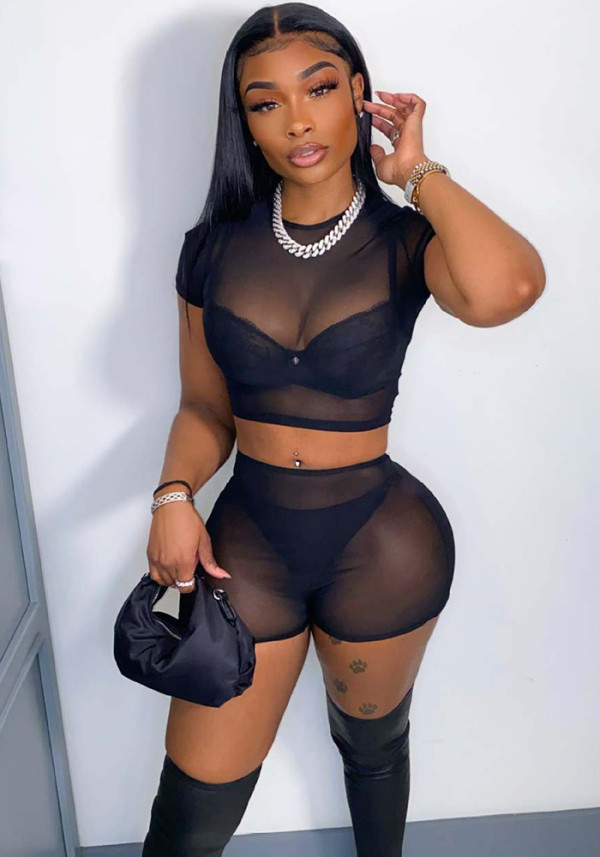 Women's Solid Short Sleeve Hollow Out Slim Fit Mesh Two-Piece Shorts Set
