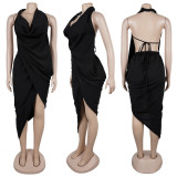 Women V Neck beaded Halter Neck sexy slit Solid pleated dress