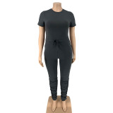 Plus Size Women's Casual Solid Tight-Fitting Short Sleeve Two-Piece pants Set