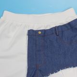 Women Denim Patchwork Short-Sleeve Top and Shorts Two-Piece Set