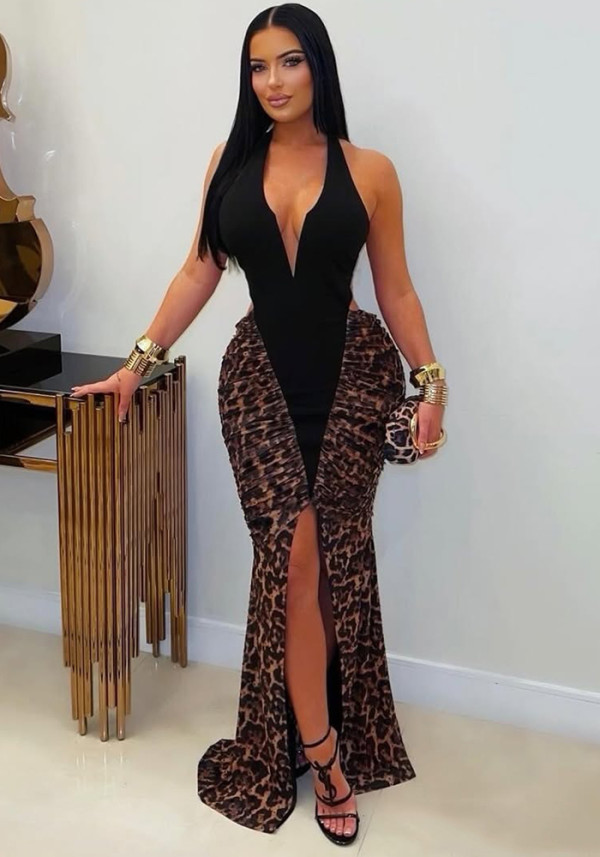 Women V-Neck Halter Neck Slit Patchwork Leopard Print Hollow-Out Dress