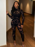 Women Long-Sleeved Hollow-Out Sexy Jumpsuit