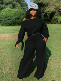 Women's Sexy Casual Solid Round Neck Lace-Up Sleeve Two-Piece Pants Set