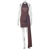 Women Solid Lace-Up Round Neck Sexy Bodycon Dress