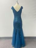 Women Sequin V-Neck Patchwork Formal Party Mermaid Evening Dress
