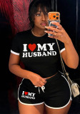 Women's Letter Print Black and White Contrast Short Sleeve T-Shirt and Drawstring Shorts Two-Piece Set