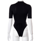 Women Summer Sexy Solid Lace-Up Short-Sleeve Bodysuit