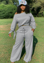 Women's Sexy Casual Solid Round Neck Lace-Up Sleeve Two-Piece Pants Set