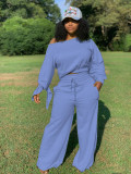 Women's Sexy Casual Solid Round Neck Lace-Up Sleeve Two-Piece Pants Set