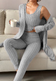Women's Autumn Winter Casual Ribbed Vest Cardigan and Pants Three-Piece Loungewear Set