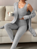 Women's Autumn Winter Casual Ribbed Vest Cardigan and Pants Three-Piece Loungewear Set