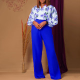 Plus Size Women Printed Lace-Up Top and Wide-Leg Pants Two-Piece Set