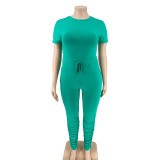 Plus Size Women's Casual Solid Tight-Fitting Short Sleeve Two-Piece pants Set