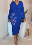 Women Elegant Long-Sleeve Off-Shoulder Zipper Rhinestone Decorated Dress