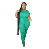 Plus Size Women's Casual Solid Tight-Fitting Short Sleeve Two-Piece pants Set