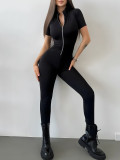 Women's Sexy Short Sleeve Slim Fit Zip-Up Jumpsuit