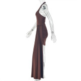 Women Solid Lace-Up Round Neck Sexy Bodycon Dress