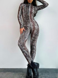 Women's Sexy Snake Print Tight-Fitting Long Sleeve Jumpsuit