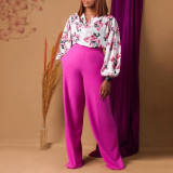 Plus Size Women Printed Lace-Up Top and Wide-Leg Pants Two-Piece Set