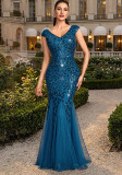 Women Sequin V-Neck Patchwork Formal Party Mermaid Evening Dress