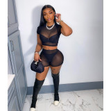 Women's Solid Short Sleeve Hollow Out Slim Fit Mesh Two-Piece Shorts Set