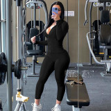 Women's Autumn Solid Stand Collar Zip-Up Sports Jacket and Pants Fitness Set