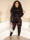 Women Long-Sleeved Hollow-Out Sexy Jumpsuit