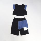 Women Denim Patchwork Short-Sleeve Top and Shorts Two-Piece Set