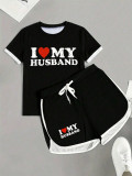 Women's Letter Print Black and White Contrast Short Sleeve T-Shirt and Drawstring Shorts Two-Piece Set