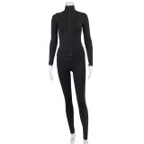 Women's Autumn Solid Stand Collar Zip-Up Sports Jacket and Pants Fitness Set