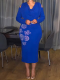 Women Elegant Long-Sleeve Off-Shoulder Zipper Rhinestone Decorated Dress