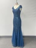 Women Sequin V-Neck Patchwork Formal Party Mermaid Evening Dress