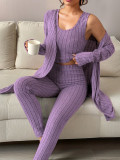 Women's Autumn Winter Casual Ribbed Vest Cardigan and Pants Three-Piece Loungewear Set