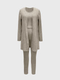 Women's Autumn Winter Casual Ribbed Vest Cardigan and Pants Three-Piece Loungewear Set
