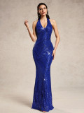 Women Halter Neck Sleeveless Backless Sequin Party Mermaid Evening Dress