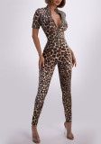 Women's Summer Leopard Print Slim Fit Stand Collar Jumpsuit