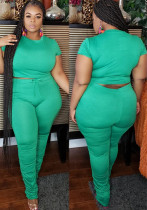 Plus Size Women's Casual Solid Tight-Fitting Short Sleeve Two-Piece pants Set Plus Size Women's Casual Solid Tight-Fitting Short Sleeve Two-Piece pants Set