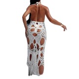 Women Sexy Hollow-Out See-Through Beach Sleeveless Halter Neck Backless Maxi Dress