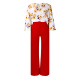 Plus Size Women Printed Lace-Up Top and Wide-Leg Pants Two-Piece Set