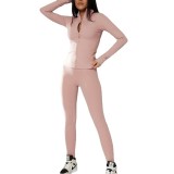 Women's Autumn Solid Stand Collar Zip-Up Sports Jacket and Pants Fitness Set